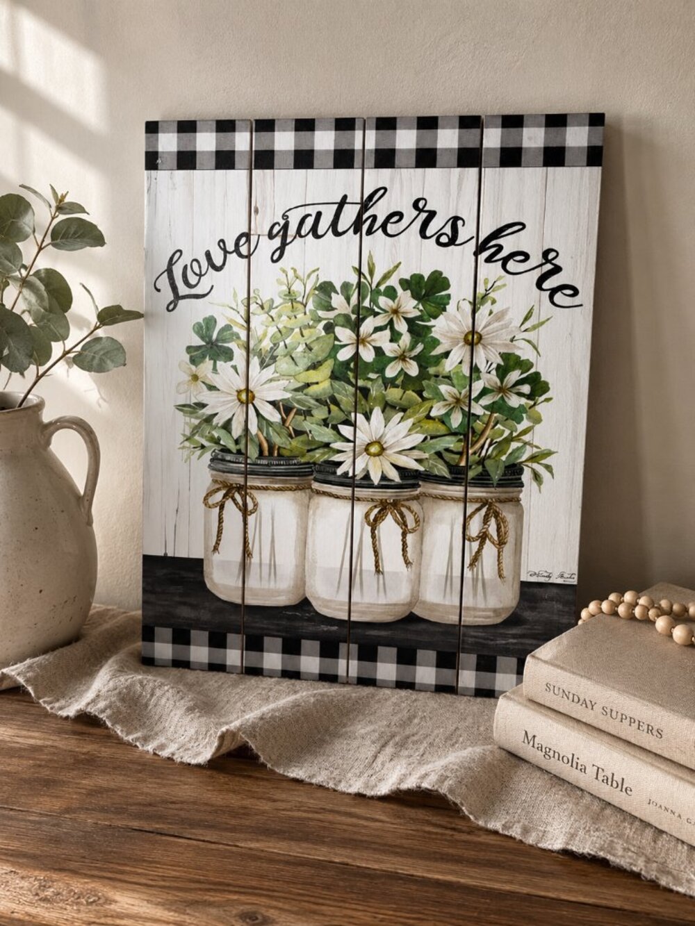 Love Gathers Here White Floral Mason Jar Pallet Wall Art